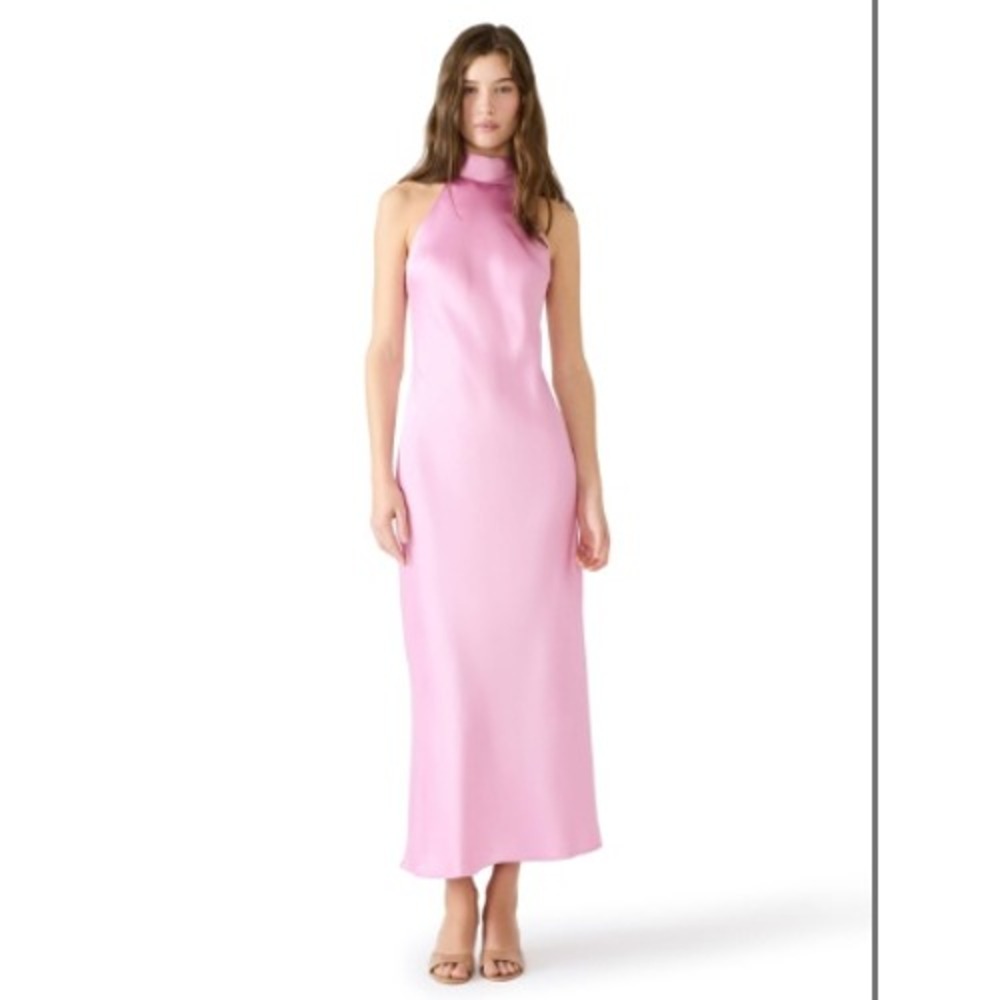 Steve Madden Lara Dress Pink Satin Halter Neck Tie Back Midi Dress Small